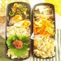 Snapdishの料理写真:豚肉のすき煮／エリンギとえのきの炒め物／にんじんとキャベツの塩ごま和え／切り昆布と油揚げの炒め物／半月卵 しらすと粉チーズ／玄米ご飯|はぁぽじさん