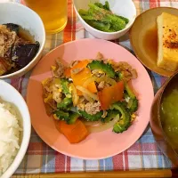 ＊ゴーヤと豚肉の味噌炒め
＊揚げ茄子
＊小松菜の胡麻和え
＊厚揚げポン酢
＊白菜の味噌汁|モケモケさん