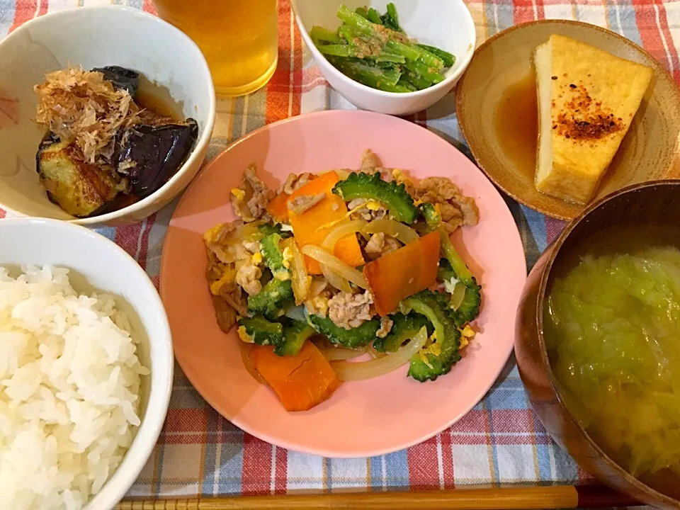 ＊ゴーヤと豚肉の味噌炒め
＊揚げ茄子
＊小松菜の胡麻和え
＊厚揚げポン酢
＊白菜の味噌汁|モケモケさん