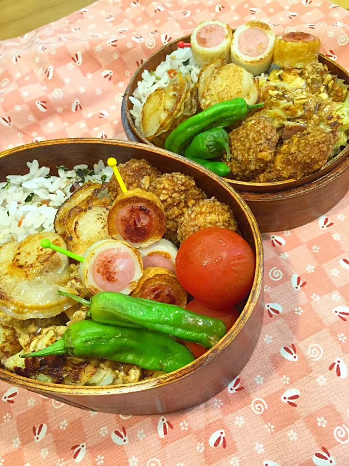 ふたり弁当

メンチカツ
ソーセージINちくわ
お好み焼き
帆立のバター焼き
獅子唐
ミニトマト|ひななぎさん