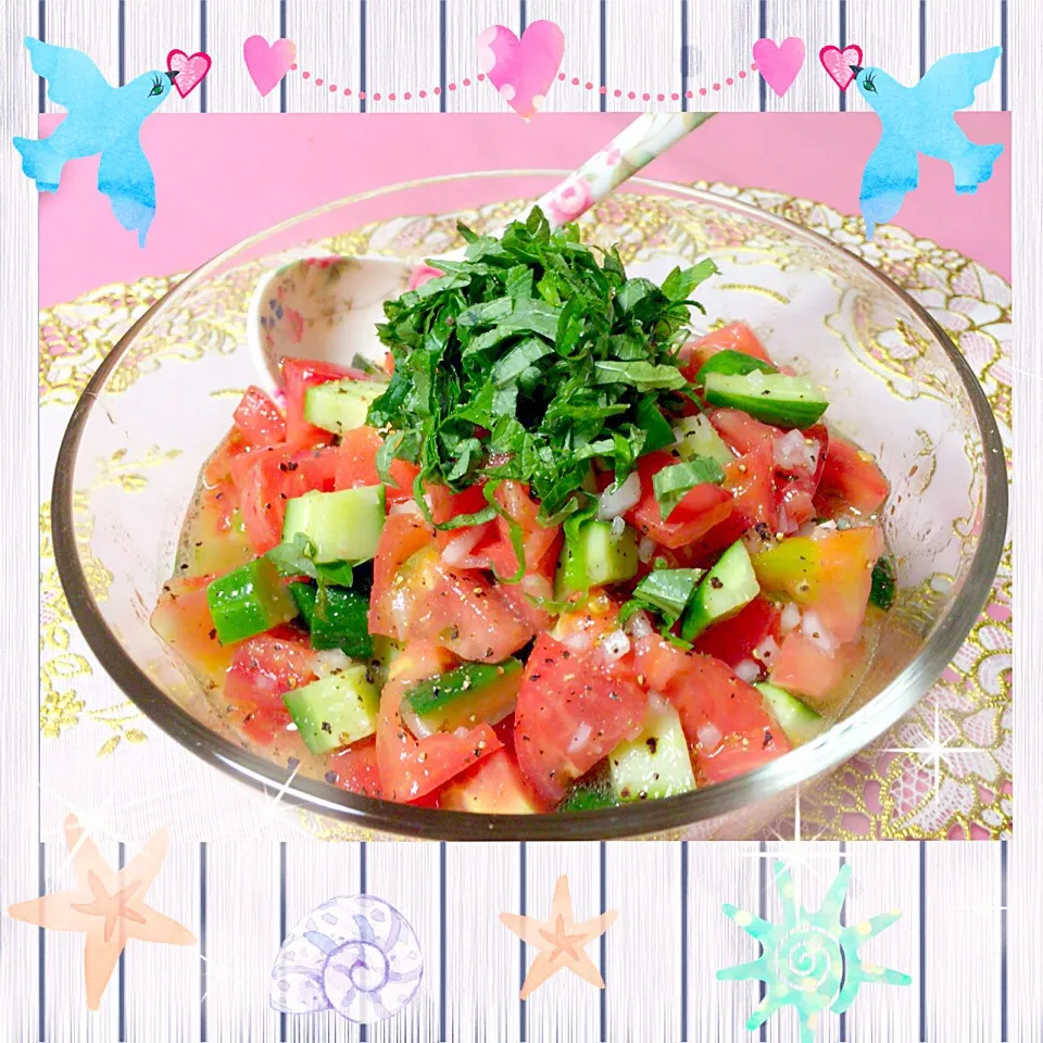 Snapdishの料理写真:くららさんの料理 スプーンで食べる‼夏のトマト🍅ときゅうりのサラダ⭐|ロコタンさん