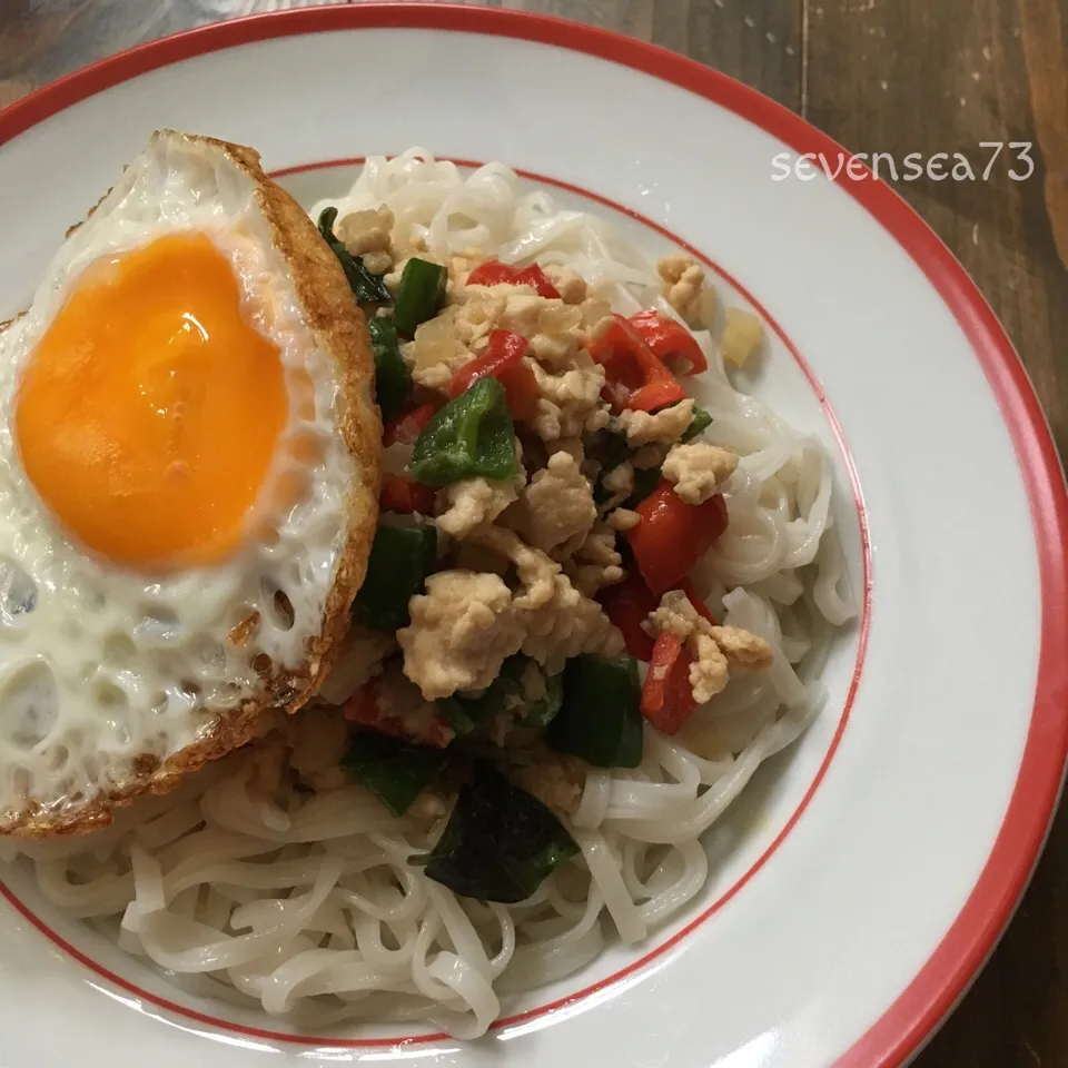 ガパオ風炒めもの&ビーフン🍳庭の初採れパプリカのためのお料理2ʕ-̼͡-ʔ|七海さん