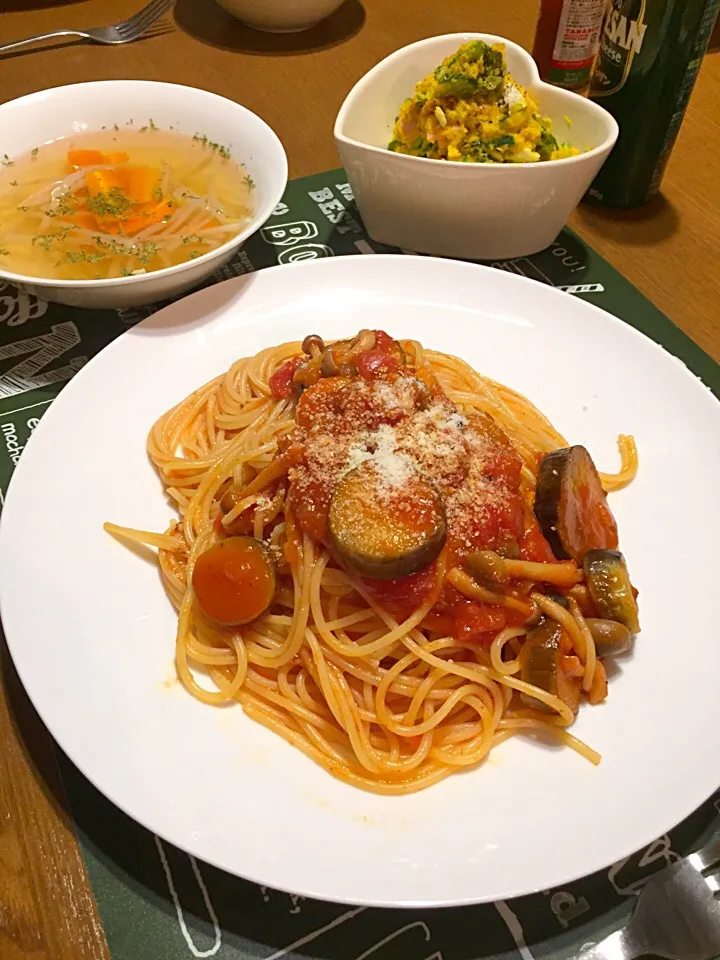 ナスとしめじのトマトパスタ
かぼちゃサラダ
野菜スープ|ココノツさん