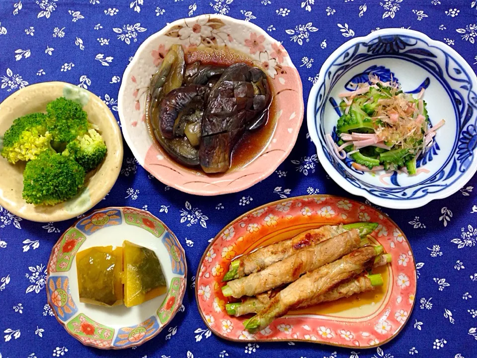 アスパラの豚肉巻き⭐️南瓜⭐️ゴーヤサラダ⭐️茄子の煮浸し⭐️ブロッコリー|ほなさん