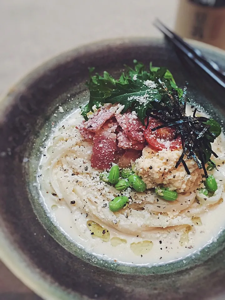 冷製京風豆乳カルボナーラうどん/Kyoto style soymilk carbonara udon served cold|rick chanさん