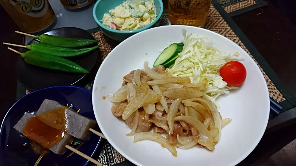 こんにゃく田楽&オクラの浅漬け&ポテトサラダ&豚の生姜焼き|まぐろさん