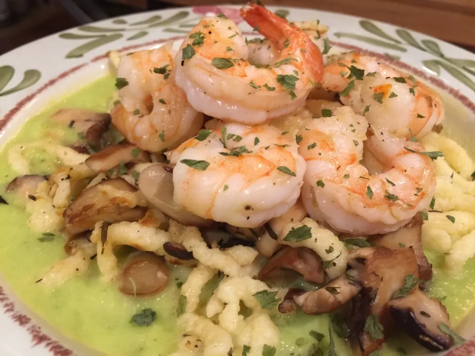 Corn Flour Spaetzle with Shrimp and Leek Cream|Kkartsさん