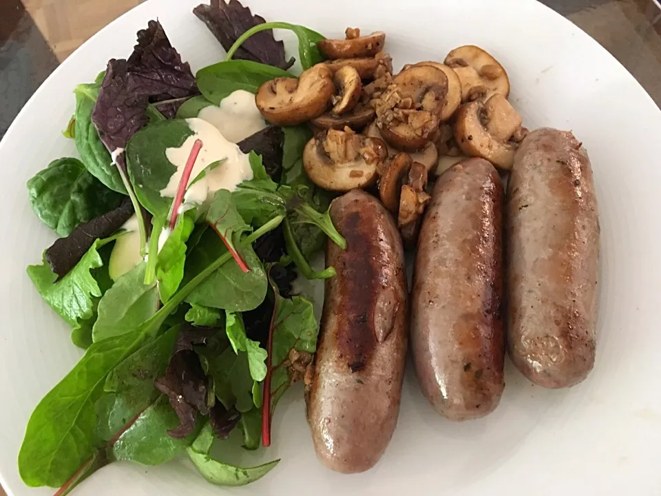 Venison and pork sausages with salad and sautéed mushroom|Ong Sor Fernさん