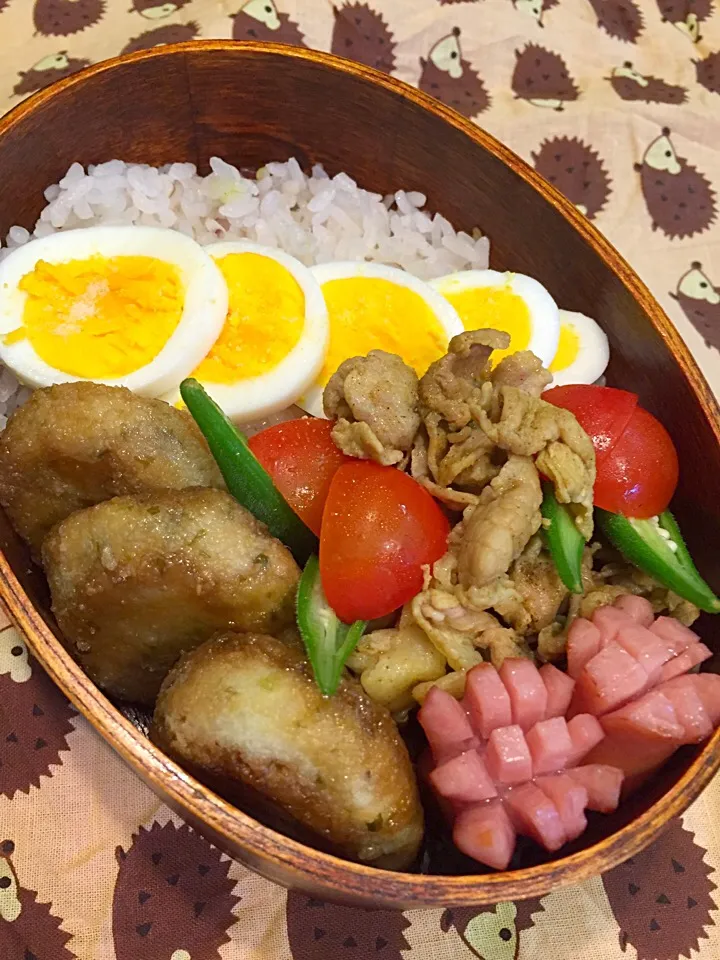 Snapdishの料理写真:パパたろ弁当  雑穀ご飯 豚肉のカレー味 おからもち ゆで卵 おくら ミニトマト ソーセージ|ひななぎさん