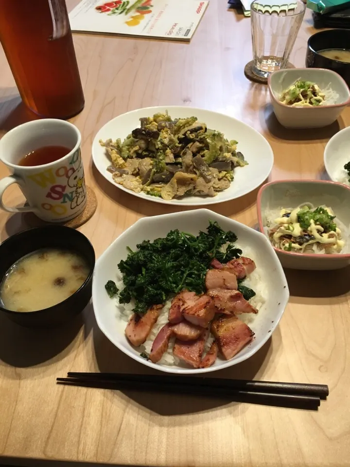 Snapdishの料理写真:ベーコン丼（パセリのごま油塩炒め添え）、ゴーヤチャンプル、大根の鯖缶サラダ|アップルさん