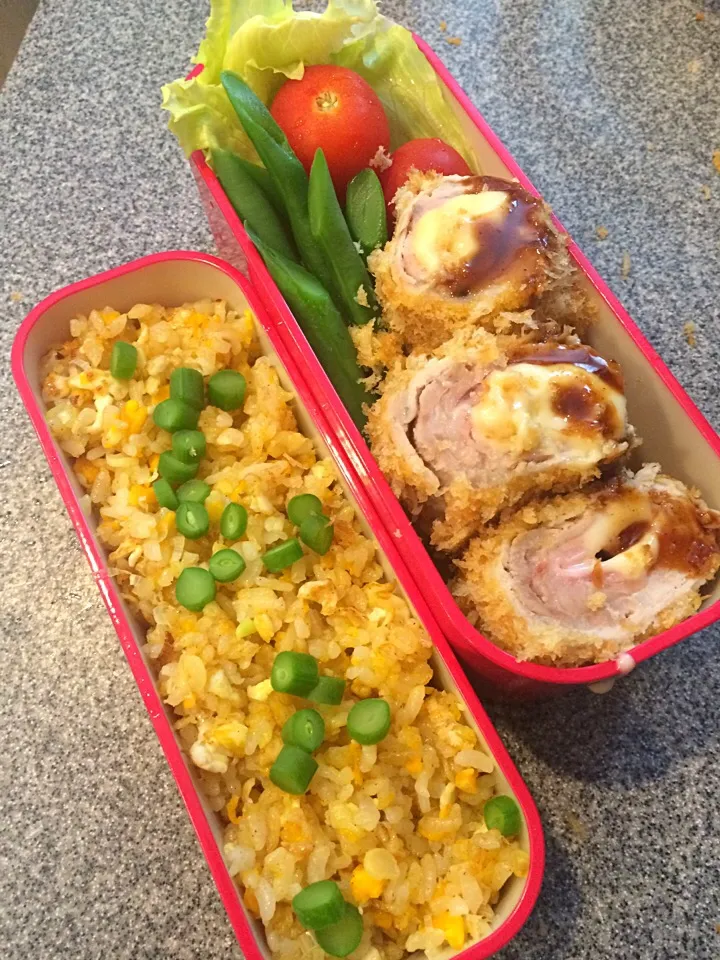 肉巻きチーズ揚げ（揚げない）と炒飯弁当|ユキ❄︎ミライさん