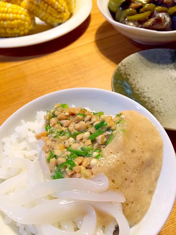 Snapdishの料理写真:いかオクラ納豆&とろろ丼|pigmegさん