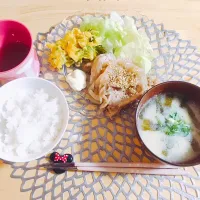 Snapdishの料理写真:豚肉の生姜焼き＊かぼちゃサラダ＊かきたま汁|ちかさん