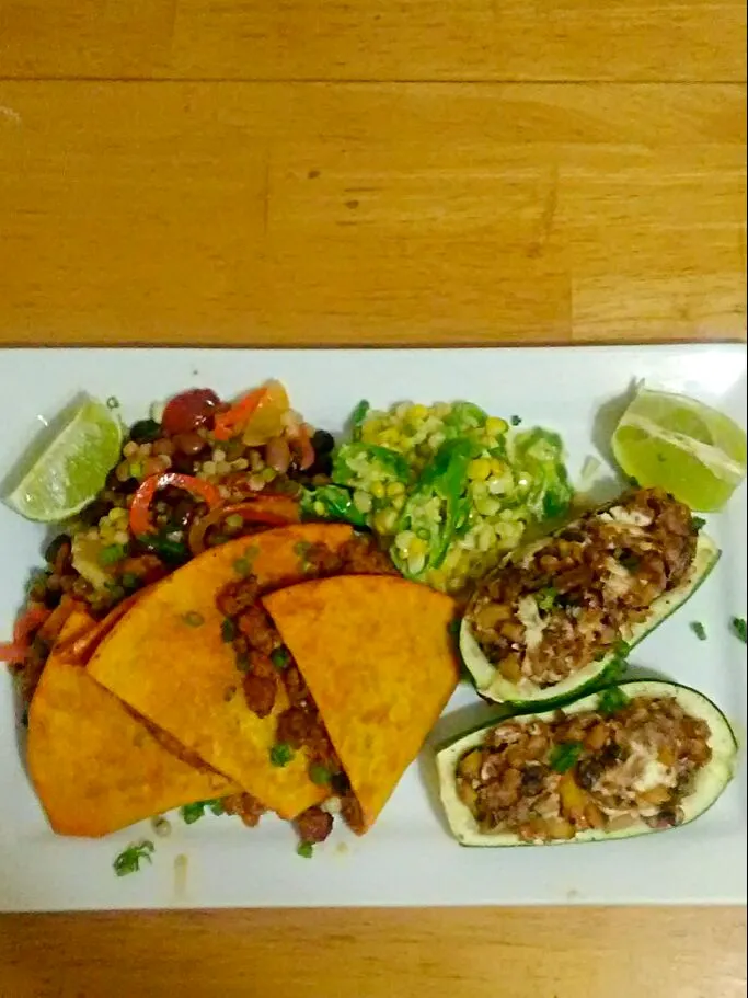 Beef and Cheese Quesadilla with Southwestern Pasta Salad, Shishito Pepper and Corn Salsa, and Stuffed Zucchini.|bethさん