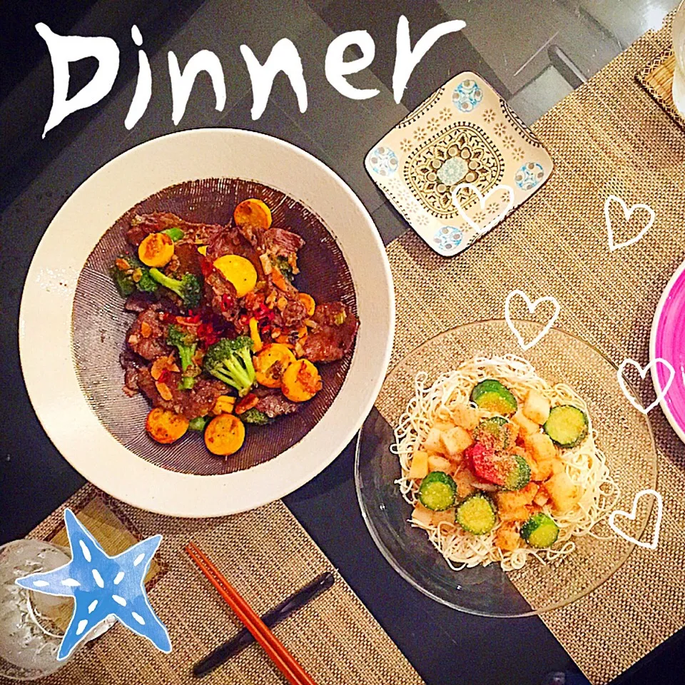 牛タンと夏野菜のピリ辛炒め&豆腐麺の梅肉長芋ソース❤️|Mika  Taniguchiさん