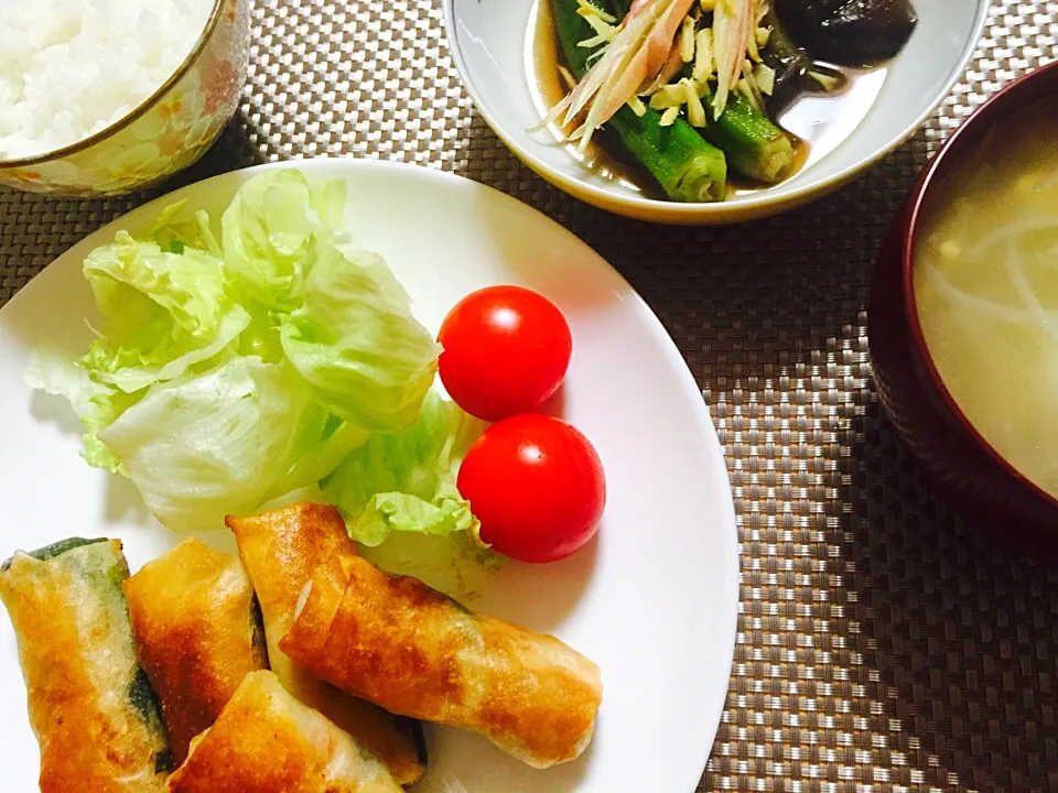 春巻き
茄子とオクラのあっさり煮
味噌汁|さえさん