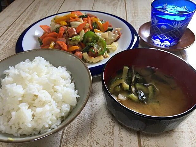 今日の男飯(⌒-⌒; )ゴーヤづくし♫白、緑ゴーヤを使った野菜炒め&味噌汁♫|ひーちゃんさん