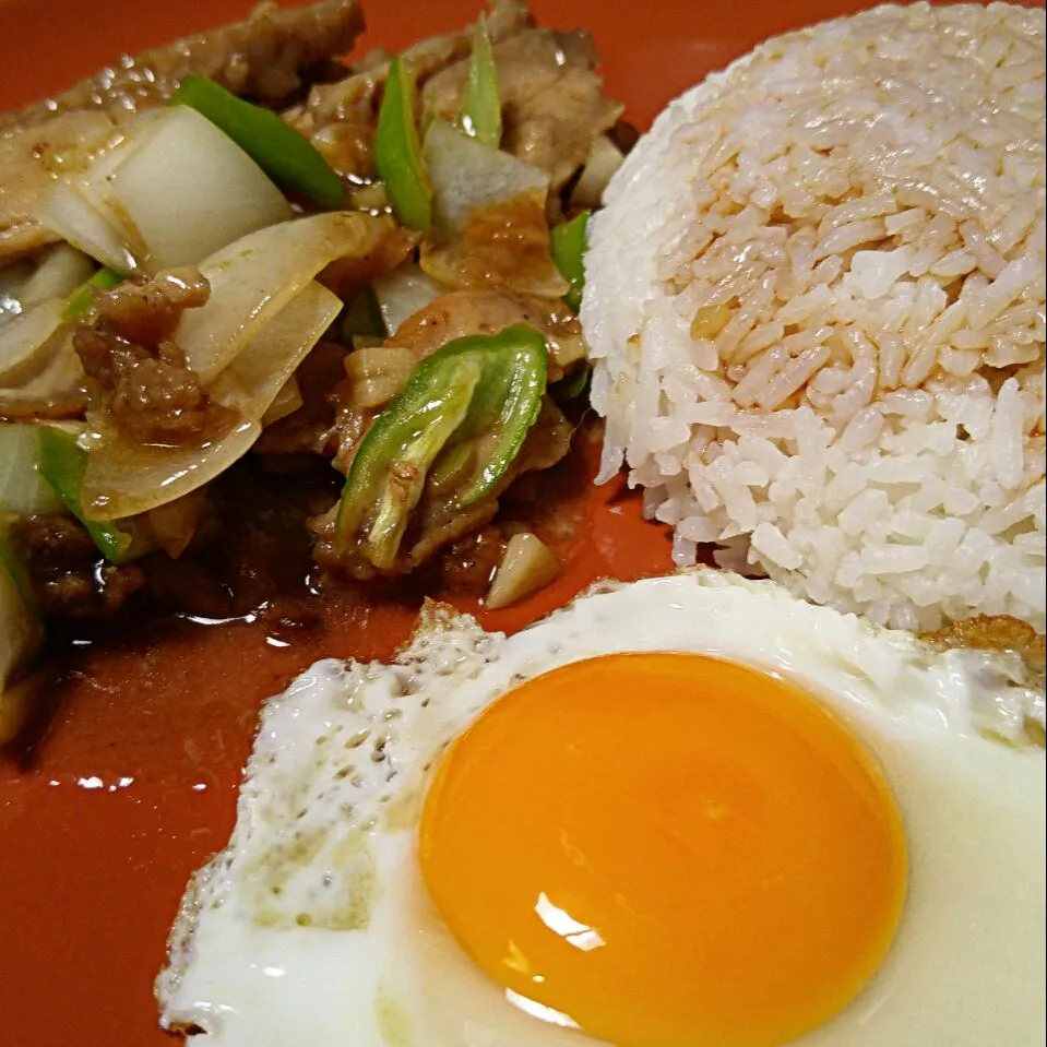 Roast pork, chili, fried onion, fried egg.|Tanongさん