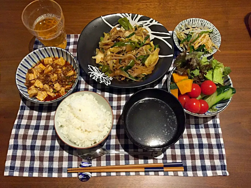 先週の作り置きごはーん♡焼肉、麻婆豆腐、サラダ、もやしとニラのピリ辛ナムル、ごはん、スープ|未来さん