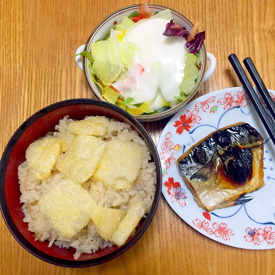 ゴボウの炊き込みご飯とサバの塩焼きとサラダ|おやぢさん