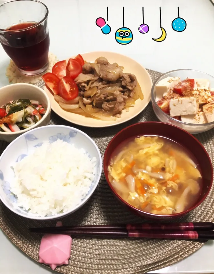 ＃豚の生姜焼き🐷💓＃豆腐とトマト🍅のサラダ＃めかぶサラダ＃卵のみそ汁＃美味しかった〜〜🍚💓💓|💛ぴーちゃん💛さん