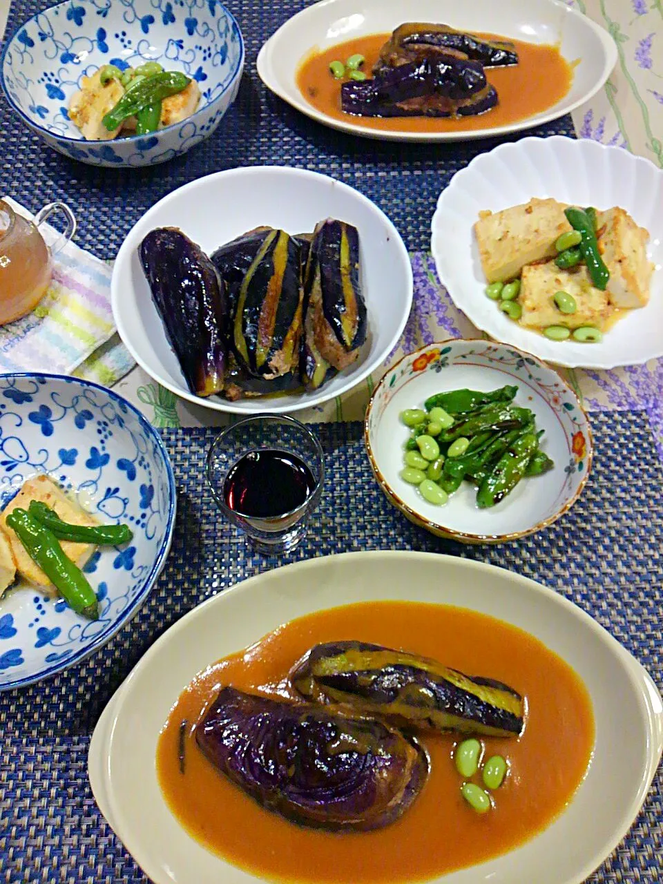 お茄子の肉詰め挟み焼き、お豆腐の粉チーズごろもステーキ、ししとう添え|marmaladeisako@gmail.comさん