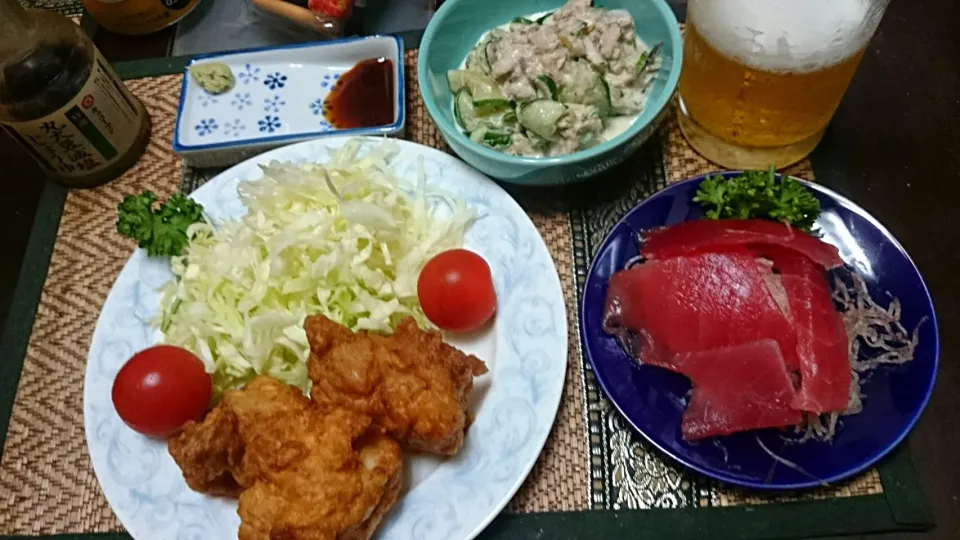 マグロの切り落とし＆唐揚げ＆キュウリの和え物|まぐろさん