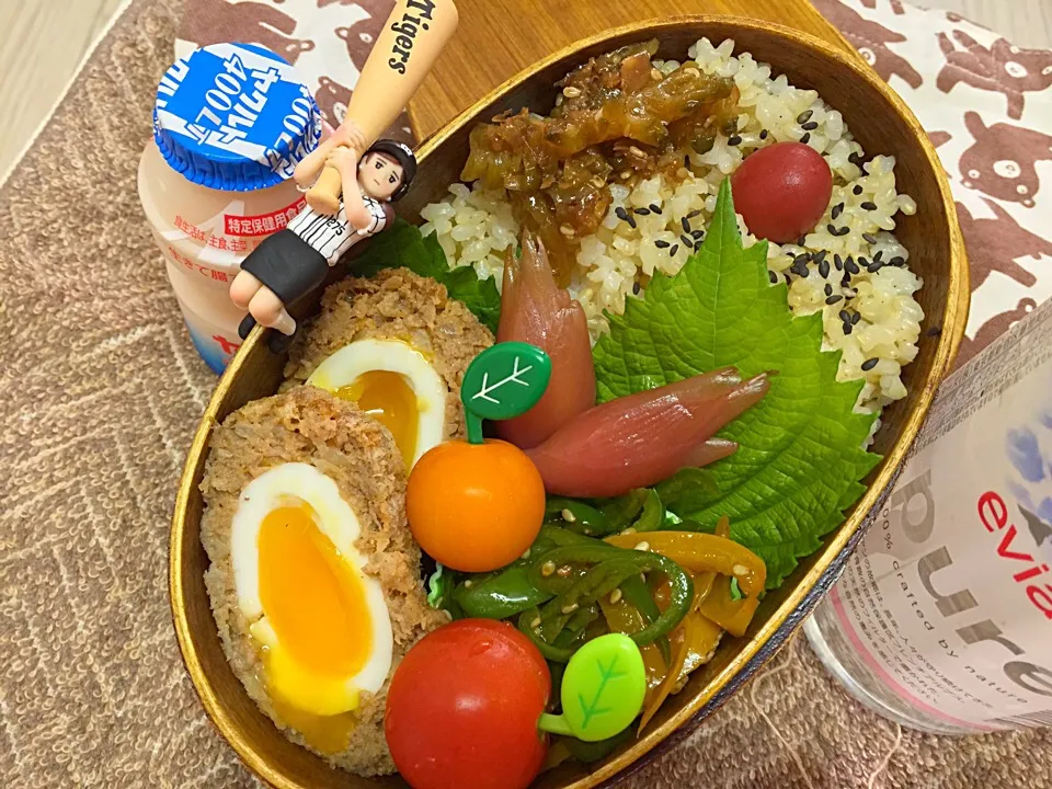 玄米ご飯&ゴーヤの佃煮&スコッチエッグ&ピーマンとパプリカのきんぴら&甘酢ミョウガ&プチトマトのダーリンお弁当♪|桃実さん