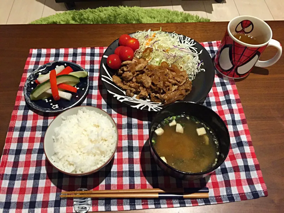 作り置きごはーん♡豚の生姜焼き、ピクルス、ご飯、味噌汁|未来さん