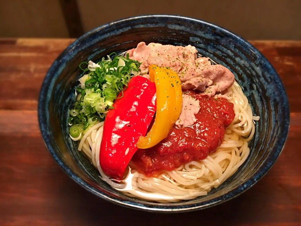 イベリコ豚とパプリカのトマトソースそうめん2|半田手延べそうめんの店 阿波や壱兆さん