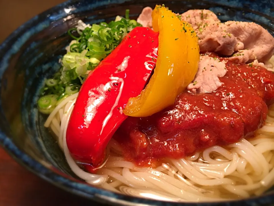 Snapdishの料理写真:イベリコ豚とパプリカのトマトソースそうめん3|半田手延べそうめんの店 阿波や壱兆さん