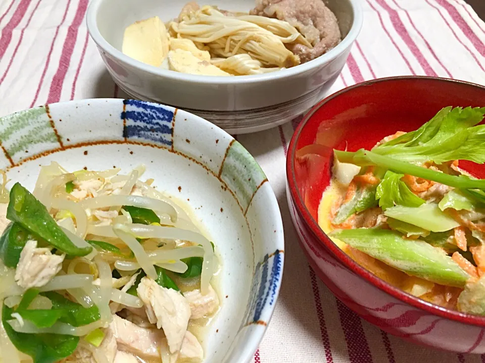 肉豆腐・鶏とピーマンの和え物・キャロセロツナサラダ|Yuko Kisoさん