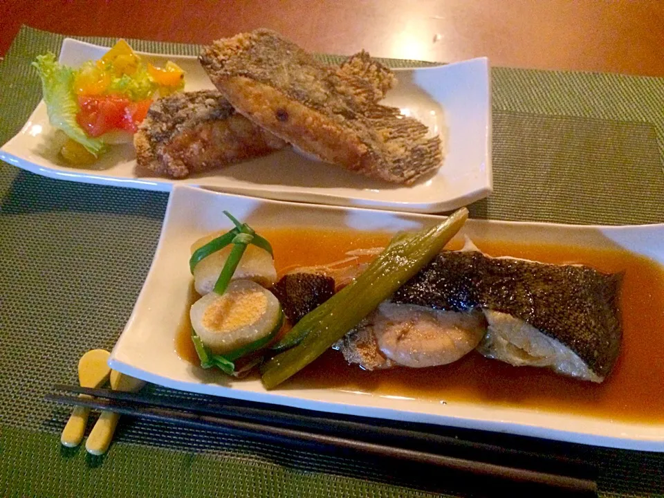 Flounder cooked in soy sauce&Fried🐟ｶﾚｲの煮付け,卵の大根巻き&唐揚げ|🌈Ami🍻さん