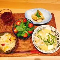 たけのこの煮物 ゴーヤチャンプルー味噌汁 サツマイモの炊き込み|よっちさん