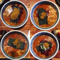 Snapdishの料理写真:灼熱スープ4種類。右上から時計回りに1辛、2辛、3辛、極限。|Masaさん