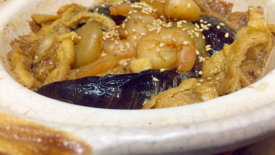 エビとナスの土鍋焼きびたし豆腐入。録りなおし。|のろさん