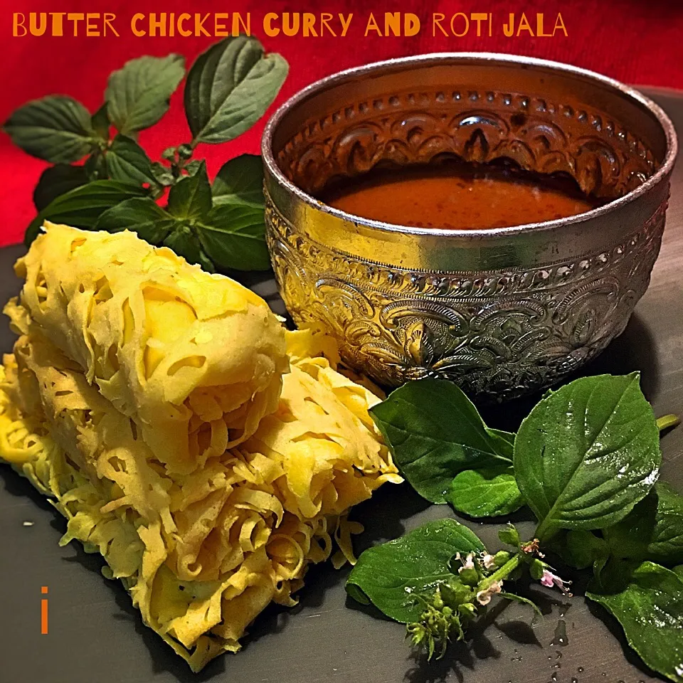 Snapdishの料理写真:バターチキンカレー&ロティ・ジャラ 【Butter Cihcken Curry with Roti Jala】|izoomさん