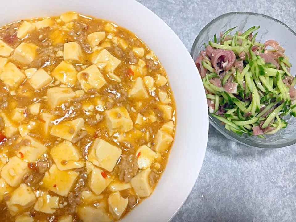 麻婆豆腐丼、きゅうりと生ハムのナムル|risataro.さん