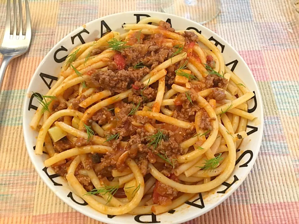 Perciatelli pasta with meat sauce & dill herb😍 delish🍝|🌺IAnneさん