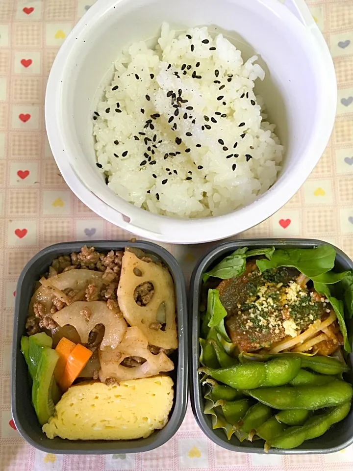 9月5日息子弁当
おばあちゃん直伝蓮根ひき肉ウースターソース炒め
出汁巻き卵  枝豆
ナスのミートソーススパ|オリーブさん