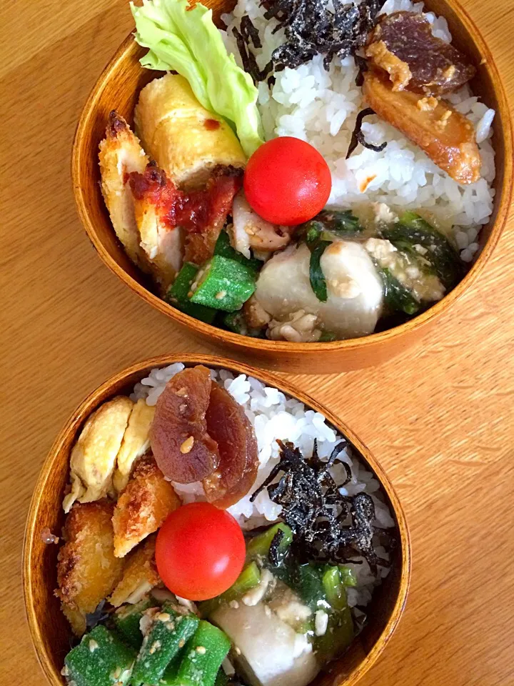 今日の夫婦弁当✨里芋と小松菜の煮物
オクラと椎茸の胡麻和え、チキンカツ🎶|5ネコママさん