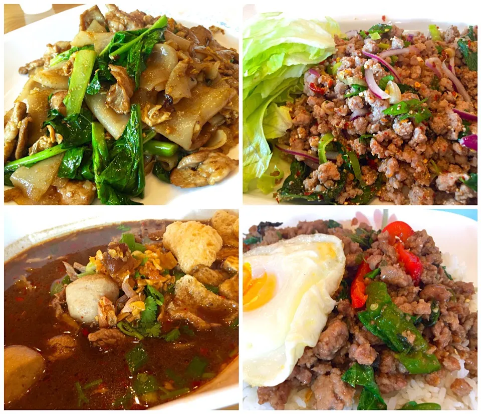 Thai food series: stir fried noodles, spicy minced pork salad, boat noodles, and basil stir fry with fried egg|proudaさん