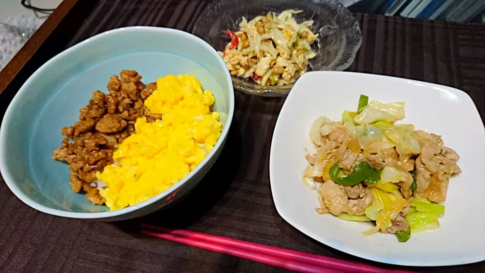 2016-09-5夜❤二色丼、豚肉の味噌炒め、納豆サラダ|一人暮らしごはん🍴さん