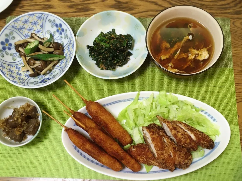 しめじとオクラの焼き浸し・ほうれん草胡麻和え・小松菜ととき卵のお味噌汁・串カツと鳥ささみフライ・おかかこんにゃく|美也子さん