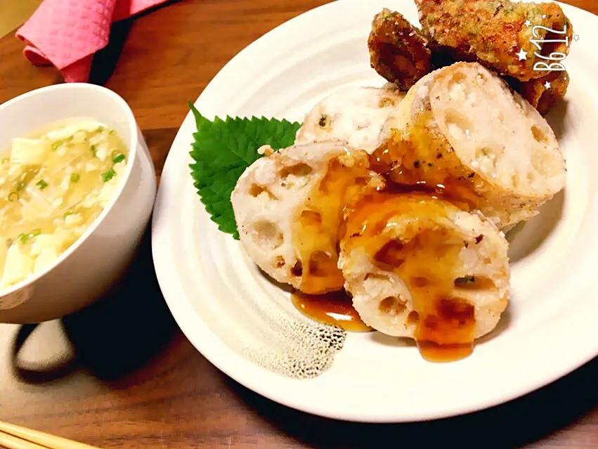 レンコンのはさみ揚げ
ちくわの磯辺揚げ
鶏ミンチと卵豆腐のスープ|かえでちゃんさん