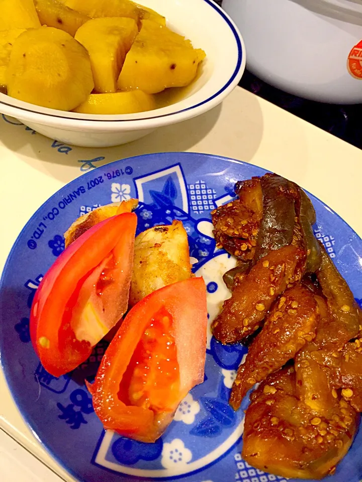 茄子の甘味噌炒め  焼き餃子  さつまいものレモン煮|ch＊K*∀o(^^*)♪さん