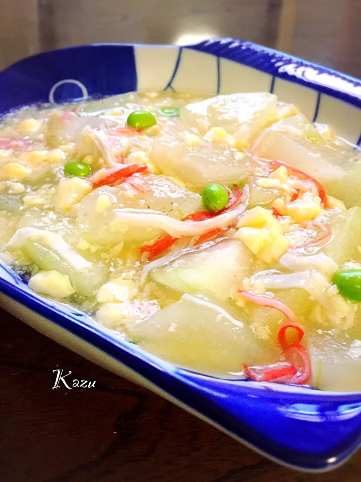 Tomoko Itoさんの料理 玉子豆腐とカニカマ使って簡単うまうまあんかけ冬瓜♥|かずきっちんさん