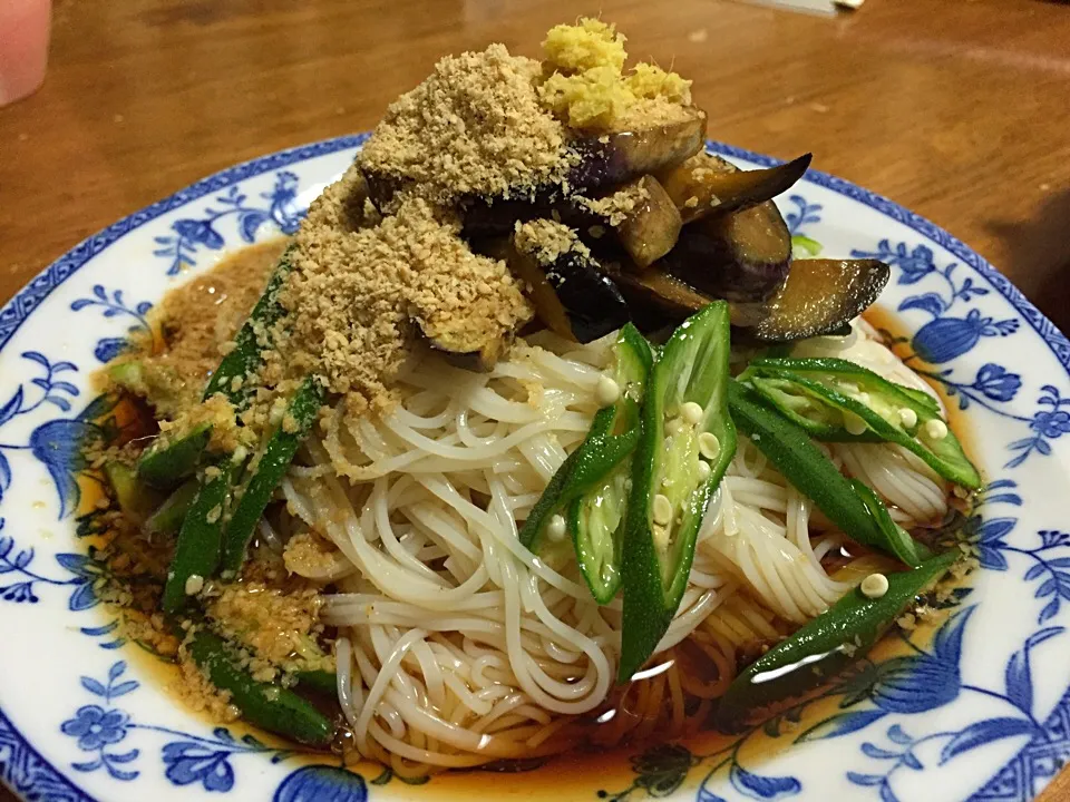 お茄子とオクラの素麺|さんだーさん