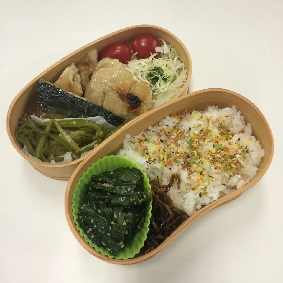 Snapdishの料理写真:弁当（鶏肉ガーリック味噌、鯖塩焼き、ピーマンおかか和え、サラダ、ほうれん草ゴマ和え、いかなご釘煮）|SasaMasa213さん