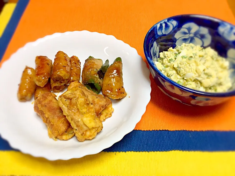 豚ロースしゃぶしゃぶ用で…
竹輪巻き天ぷら／ピーマンの肉巻きと、えのきの肉巻きの照り焼き❗️
パセリいっぱいのタルタルソース‼️|Yukihiko Ishidaさん